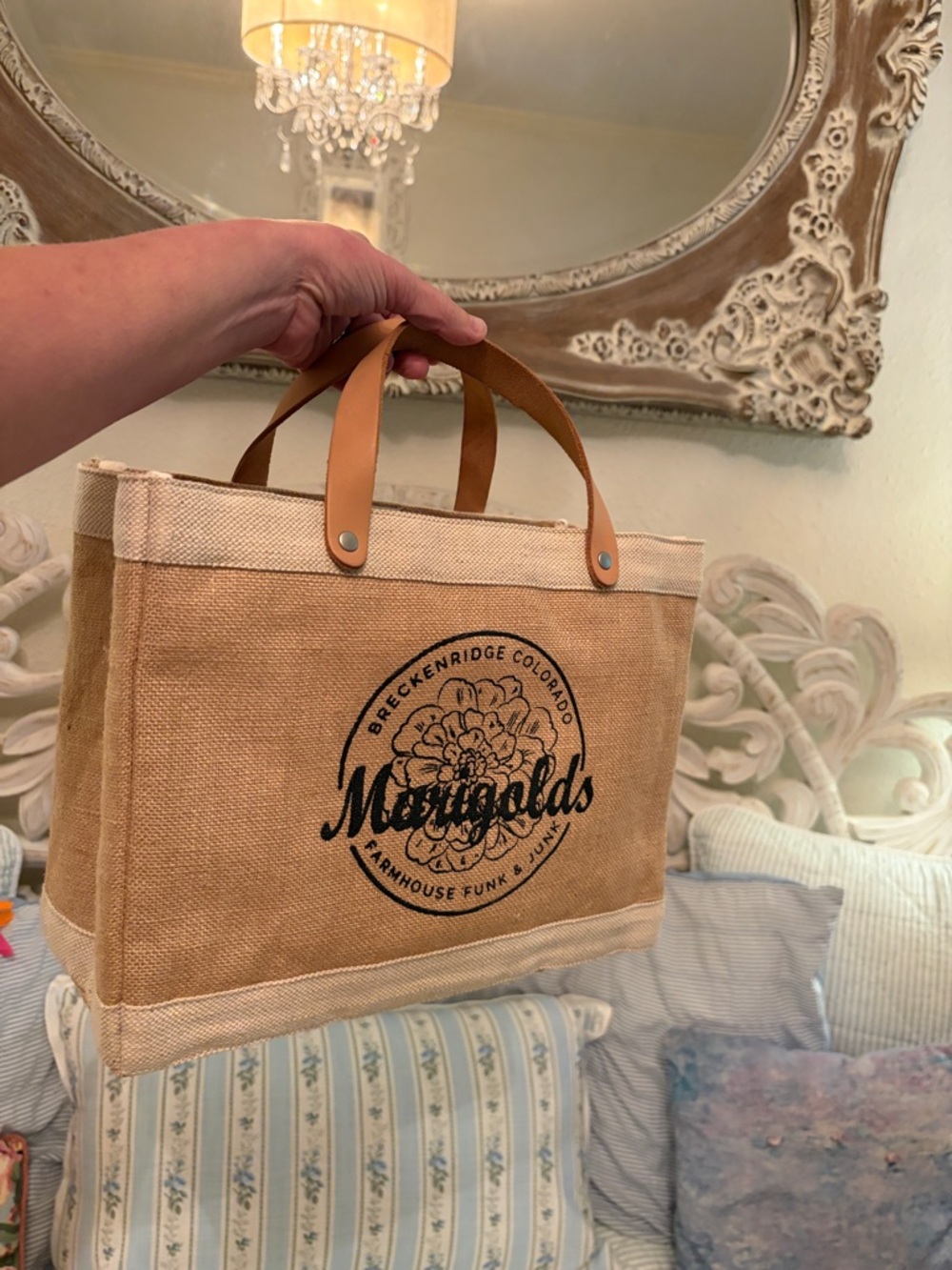 Marigolds Jute tan Tote Bag with black print